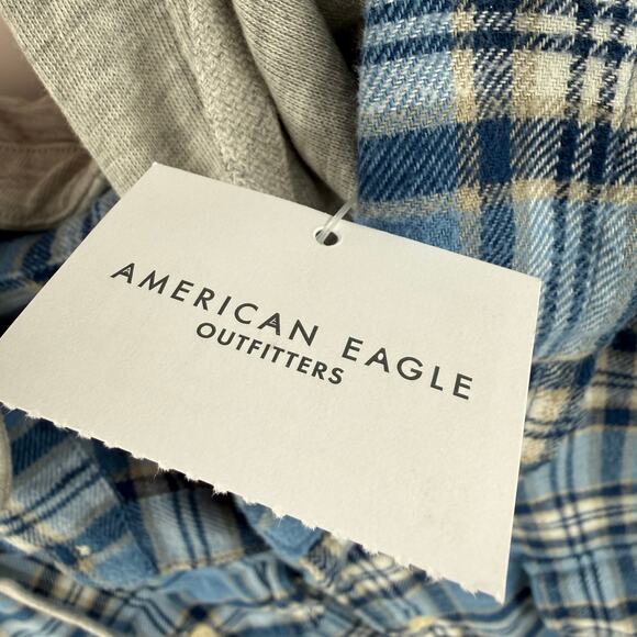 American Eagle Flannel Men's Size XL Super Soft NWT Blue Plaid Detachable Hoodie - Picture 4 of 16
